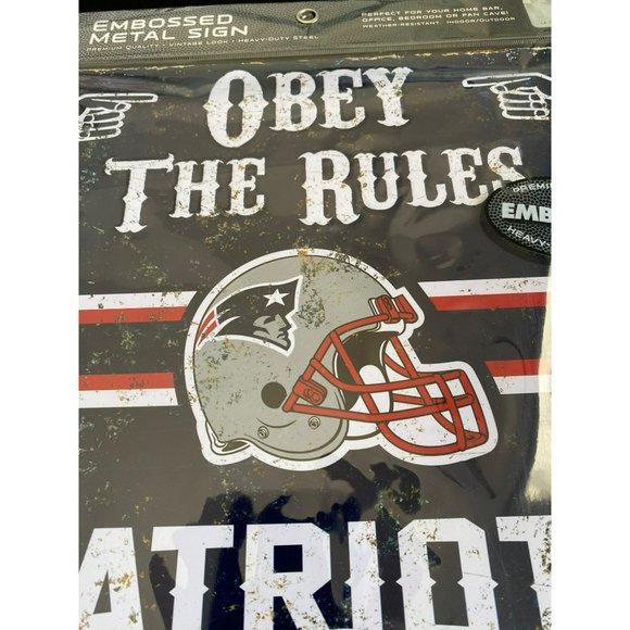 NFL New England Patriots Metal Embossed Distressed Obey The Rules Tin Sign 14.5" - Picture 2 of 6